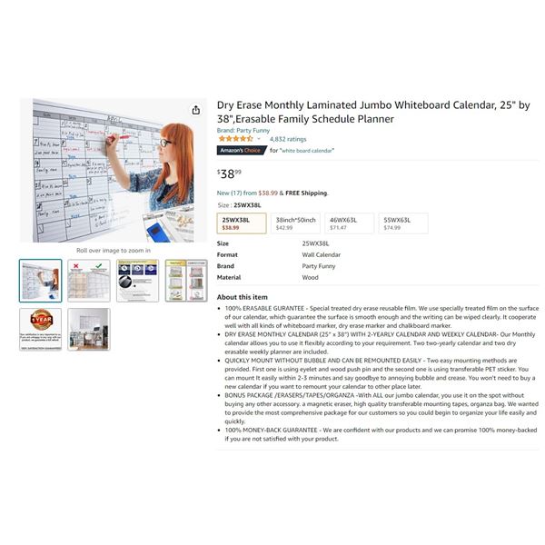 Dry Erase Monthly Laminated Jumbo Whiteboard Calendar