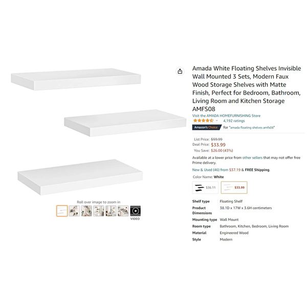 Amada White Floating Shelves Invisible Wall Mounted 3 Sets
