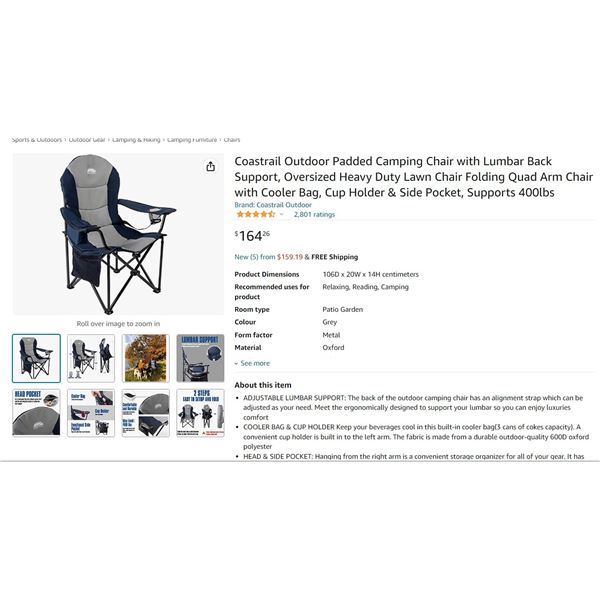 Coastrail Outdoor Padded Camping Chair with Lumbar Back Support