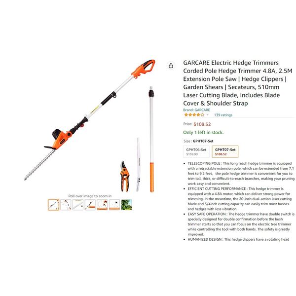 GARCARE Electric Hedge Trimmers Corded Pole Hedge Trimmer