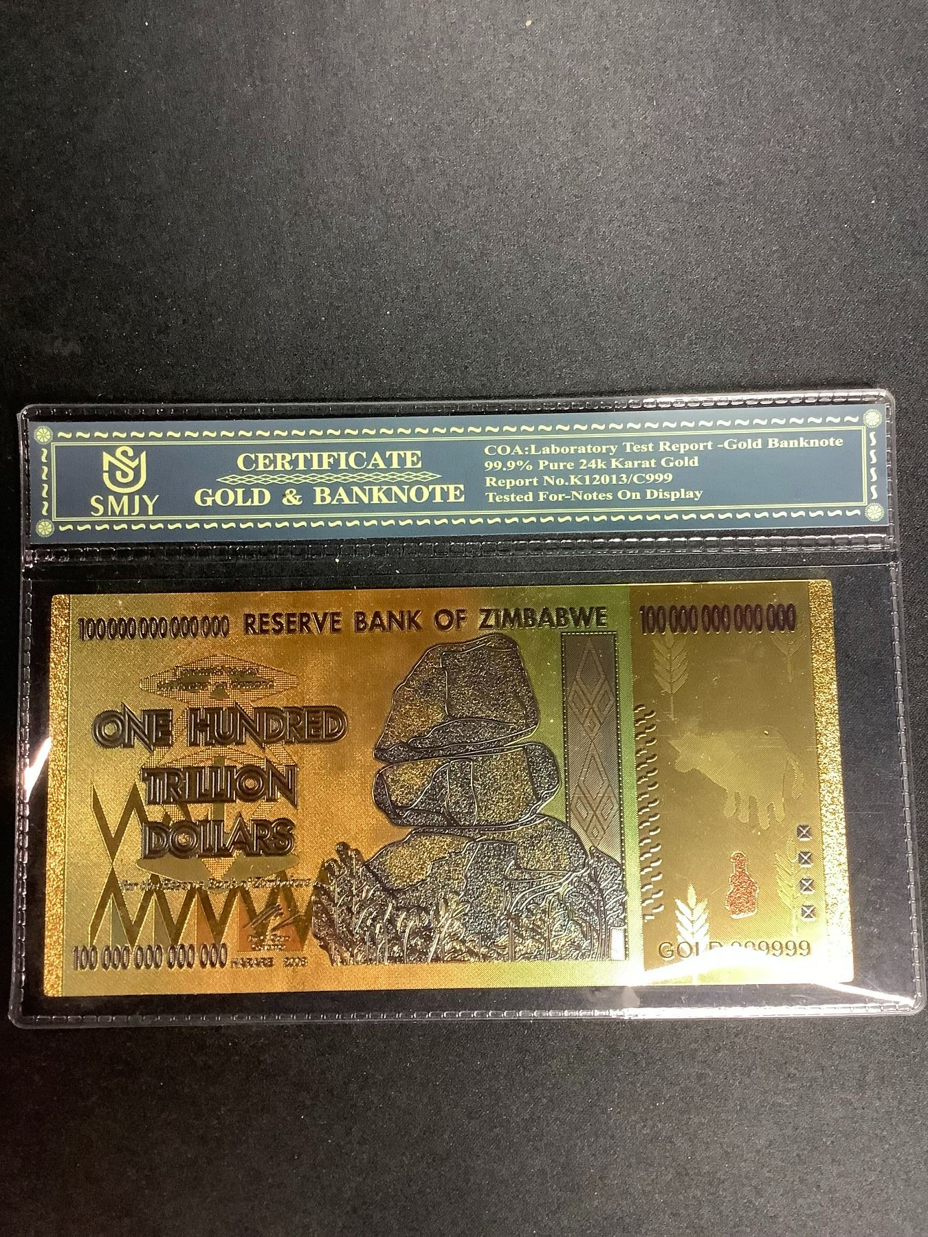 24K GOLD FOIL ZIMBABWE ONE TRILLION DOLLAR BILL