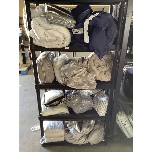 4 SHELVES OF ASSORTED THROW BLANKETS AND BEDDING (RACK NOT INCLUDED ...