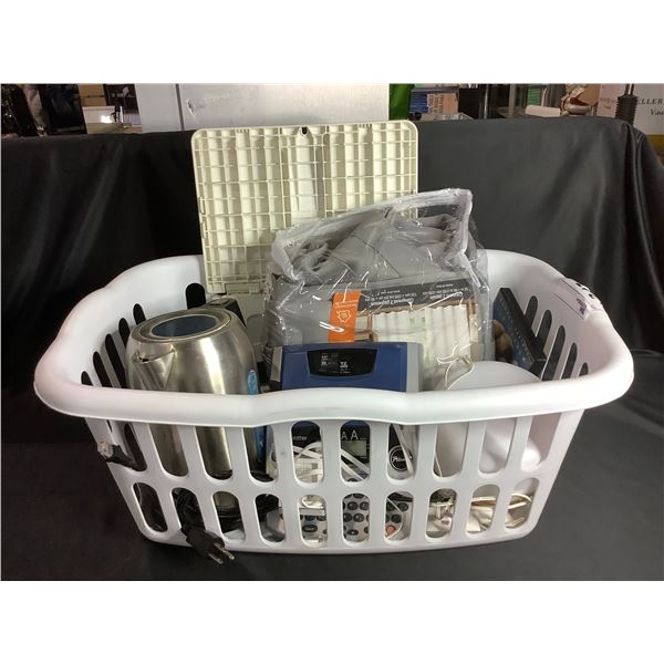 BASKET OF ASSORTED HOUSEHOLD ITEMS, WYZE CAMERA, MACBOOK CHARGER, & MORE