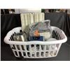 Image 1 : BASKET OF ASSORTED HOUSEHOLD ITEMS, WYZE CAMERA, MACBOOK CHARGER, & MORE