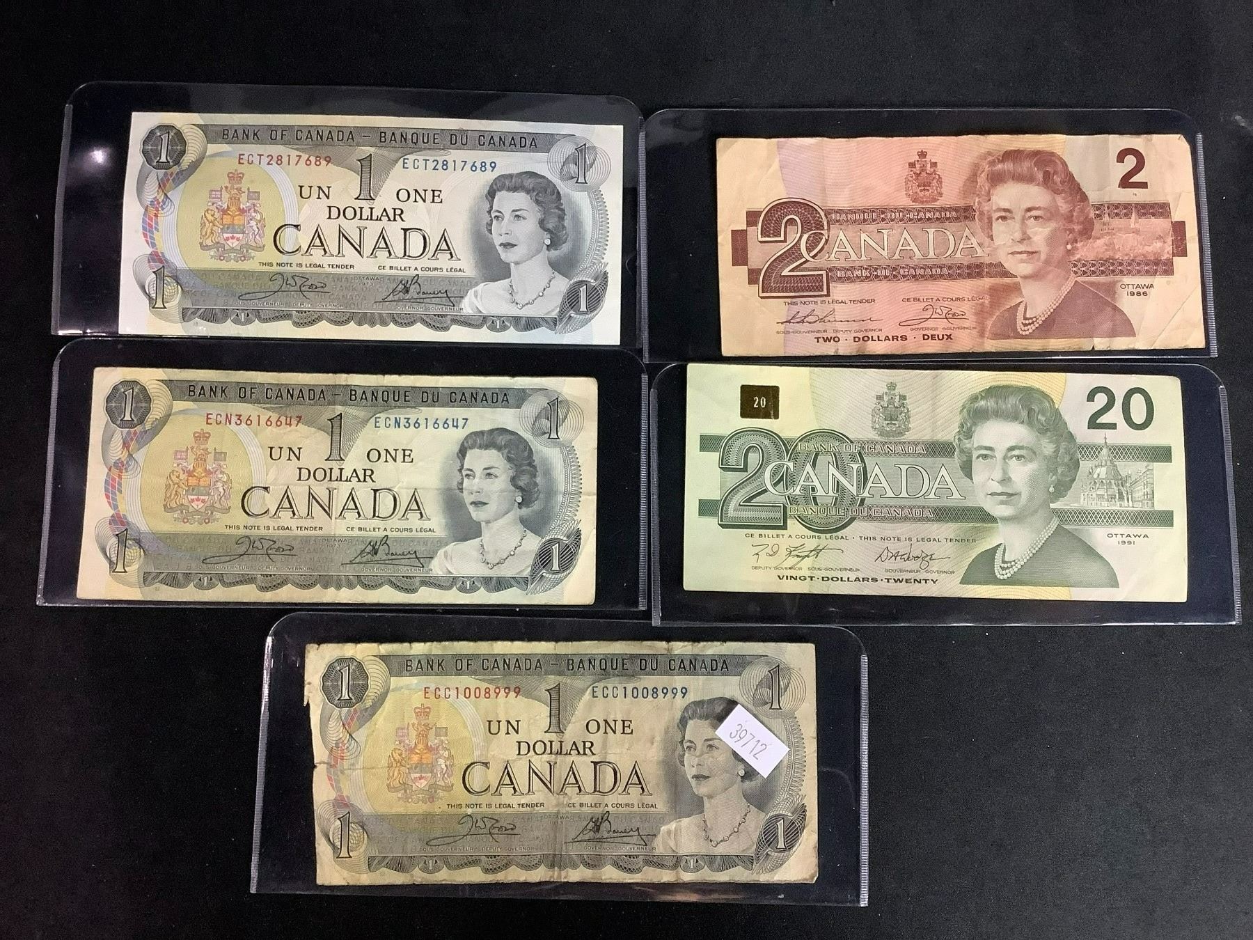 All Canadian Notes ASSORTED CANADIAN BANK NOTES; 3 X $1, 1 X $2 AND 1 X $20