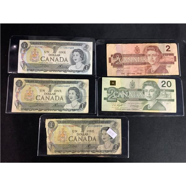 ASSORTED CANADIAN BANK NOTES; 3 X $1, 1 X $2 AND 1 X $20