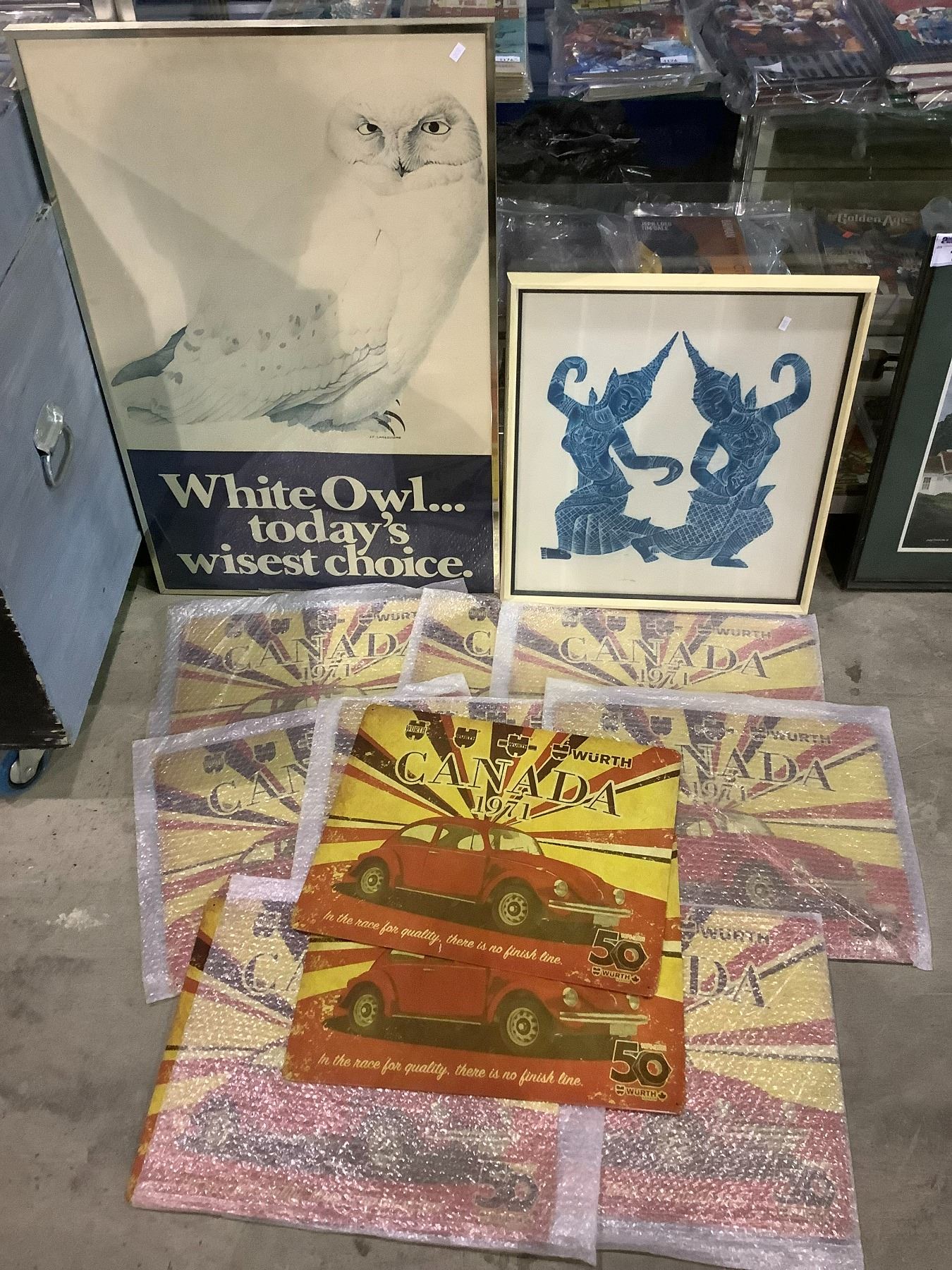 ASSORTED FRAMED PRINTS AND TIN SIGNS