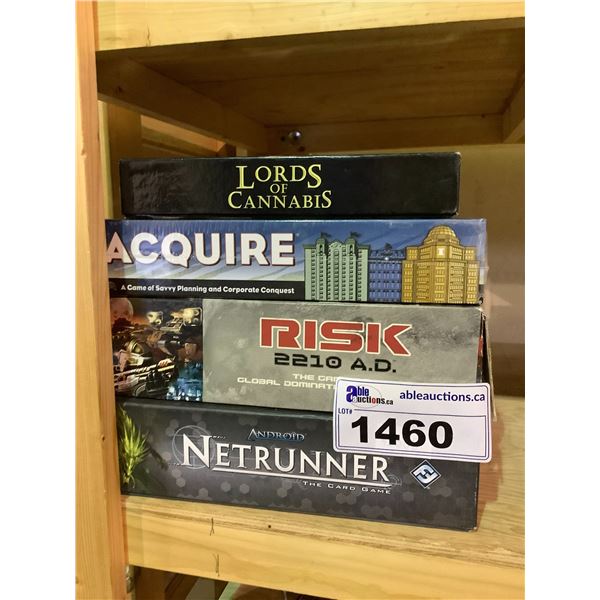 4 GAMES: LORD OF CANNABIS, ACQUIRE (NEW AND SEALED), RISK 2210 A.D., & NETRUNNER