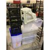Image 1 : LARGE LOT OF CLEAR TOTES MOST WITH LIDS, AND BLACK CRATES