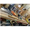 Image 2 : SHELF OF ASSORTED WOOD RULERS, SAWS, LEVEL, AND MORE