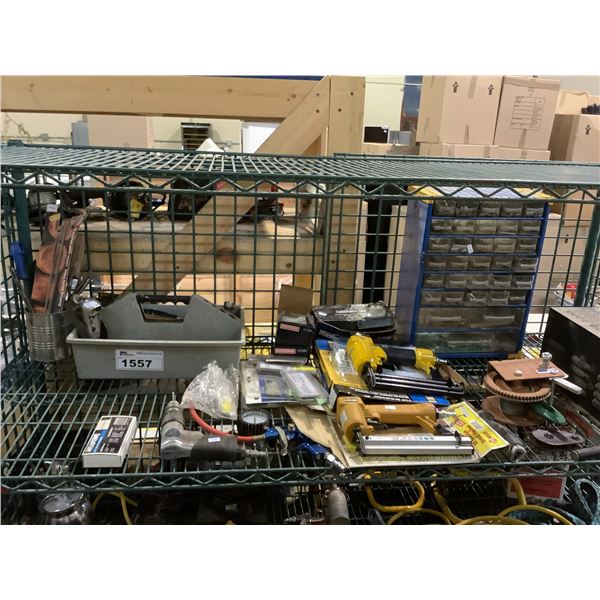 SHELF LOT OF ASSORTED NAIL GUNS, CONVERTER, ORGANIZER, AND MORE