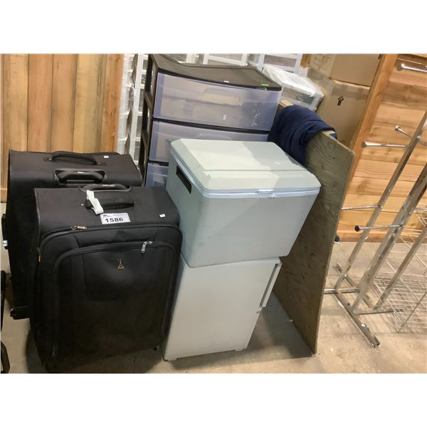 ASSORTED LUGGAGE, COOLERS PLASTIC ORGANIZERS, AND BREAKER PANEL