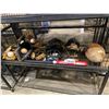 Image 1 : SHELF LOT OF ASSORTED BASEBALL GLOVES, BACK CATCHER MASKS, FOOTBALL, BASEBALL BAT
