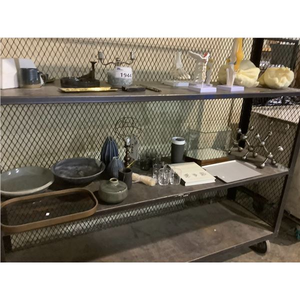 SHELF LOT OF ASSORTED POTTERY, SMALL SHOWCASE, AND MORE