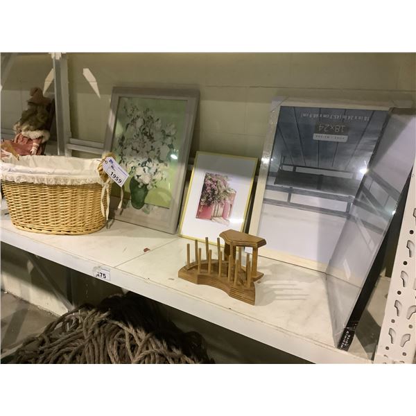 2X 18" X 24" FRAMES, BASKET, AND 2 FLORAL PRINTS