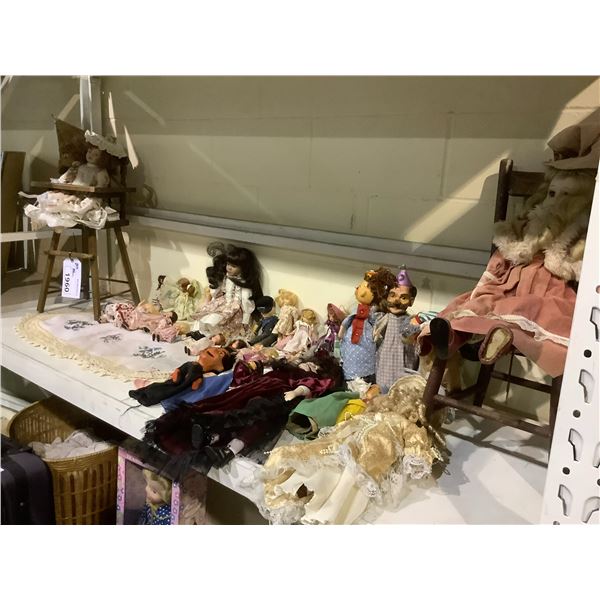 SHELF LOT OF DOLLS, HAND PUPPETS, DOLL CHAIRS, AND MORE