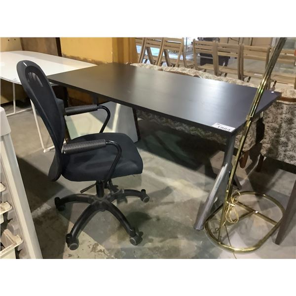 MODERN WOOD AND METAL DESK WITH ROLLING MESHBACK CHAIR