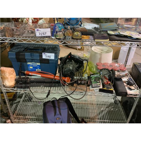 ASSORTED ITEMS INCLUDING; CIRCULAR SAW, QUARTZ LAMP, CAMERA FLASH & MORE