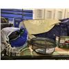 Image 2 : SHELF LOT OF ASSORTED CAMPING GEAR, BLOW UP MATTRESS QUICK PUMP, BACKPACK, AND MORE