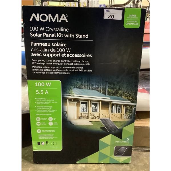 NOMA 100W CRYSTALLINE SOLAR PANEL KIT WITH STAND, SOLAR PANEL, STAND, CHARGER, CONTROLLER, BATTERY