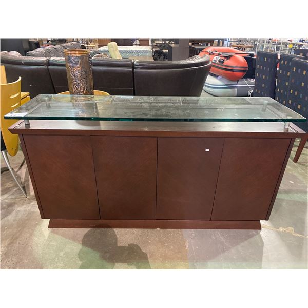 GLASS TOP WOODEN PUSH TO OPEN CREDENZA 66" X 18.5" X 34"