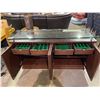 Image 3 : GLASS TOP WOODEN PUSH TO OPEN CREDENZA 66" X 18.5" X 34"