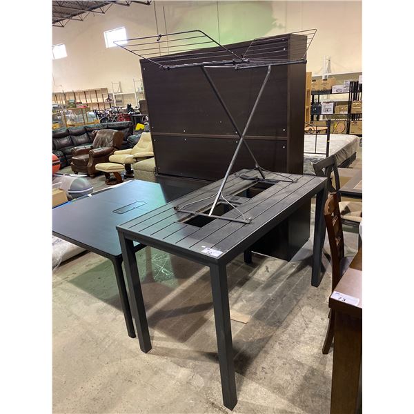 METAL BAR HEIGHT PATIO TABLE (MISSING GLASS CENTER PANELS) AND DRY RACK