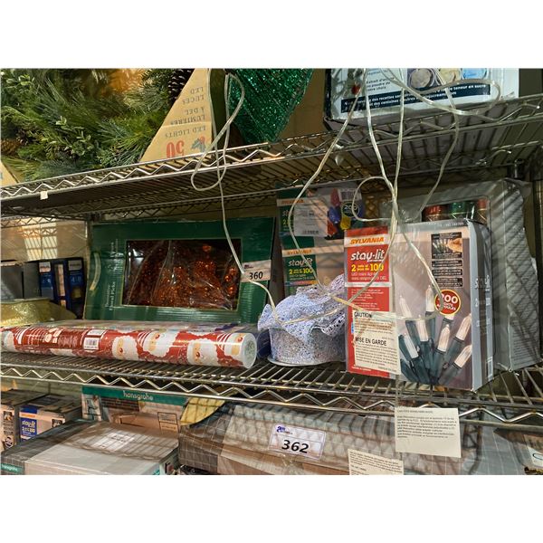 SHELF LOT WITH CHRISTMAS LIGHTS, WRAPPING PAPER, RIBBON