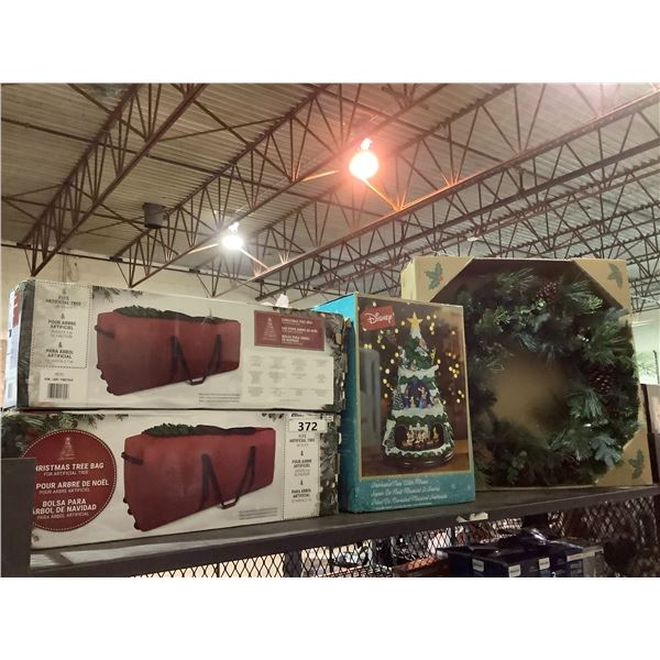 ASSORTED CHRISTMAS ITEMS INCLUDING CHRISTMAS TREE BAGS, DISNEY CHRISTMAS TREE & WREATH