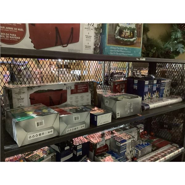 ASSORTED CHRISTMAS ITEMS INCLUDING; CHRISTMAS TREE BAG, LIGHTS, WRAPPING PAPER & MORE