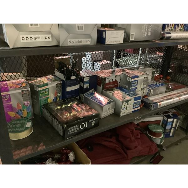 ASSORTED CHRISTMAS ITEMS INCLUDING; CHRISTMAS TREE BAG, LIGHTS, WRAPPING PAPER & MORE