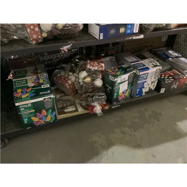 ASSORTED CHRISTMAS ITEMS INCLUDING; LIGHTS, DECOR, CARDS & MORE