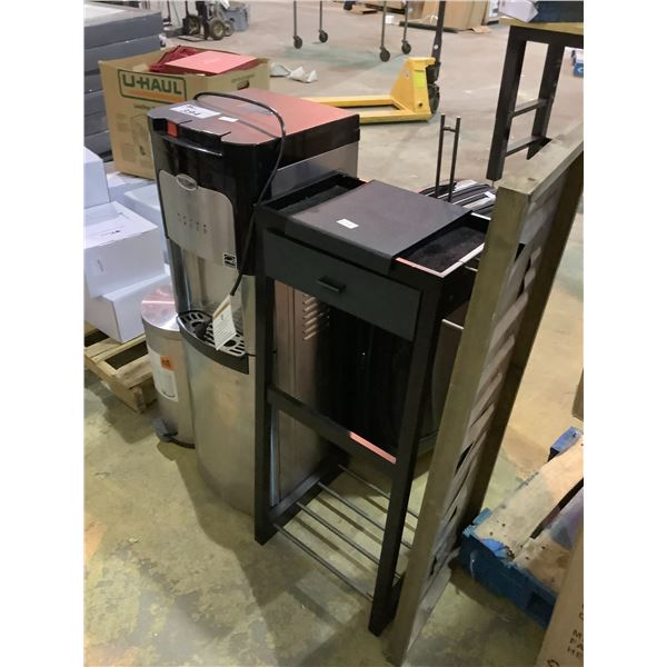WASTE BIN, WHIRLPOOL HOT/COLD WATER DISPENSER, SHELVING, BOX OF CLOTHING, LUGGAGE & FAMILY SIGN