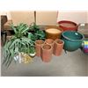 Image 2 : ASSORTED ITEMS INCLUDING; FAUX PLANTS, PLANTER POTS & BENCH