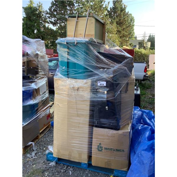 PALLET OF ASSORTED ITEMS INCLUDING; LUGGAGE, CABINET, DISPLAY RACK & MORE