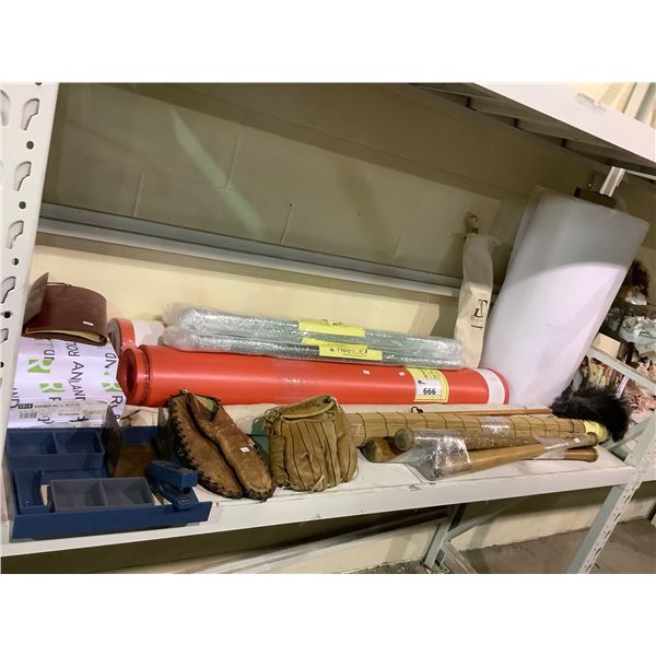 ASSORTED ITEMS INCLUDING; BASEBALL GLOVES & BATS, WOODEN PRACTICE SWORDS, PAPER & MORE