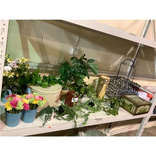 ASSORTED ITEMS INCLUDING; FAUX PLANTS, PLANTER POTS, GARDEN BASKET & MORE