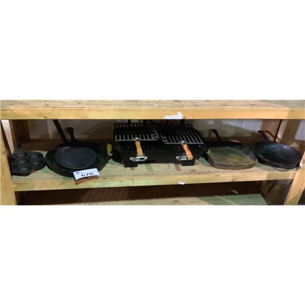 ASSORTED CAST IRON COOKWARE INCLUDING; PANS, BBQ & MUFFIN PAN