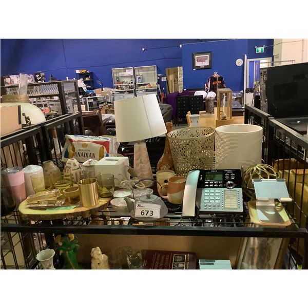 ASSORTED ITEMS INCLUDING; TABLE LAMP, GLASSWARE, WASTE PAPER BASKET & MORE