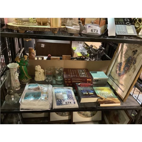 ASSORTED ITEMS INCLUDING; BOOKS, BEDDING COVERS, OIL LAMP, GLASS MUGS & MORE