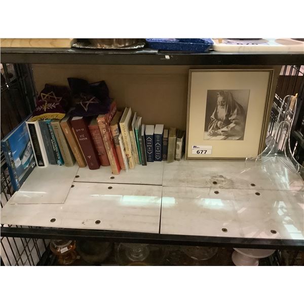 ASSORTED JEWISH LITERATURE, FRAMED ART & BAGS