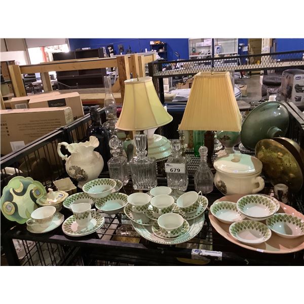ASSORTED ITEMS INCLUDING; SPANISH CROWN DISHWARE, DECANTERS & MORE