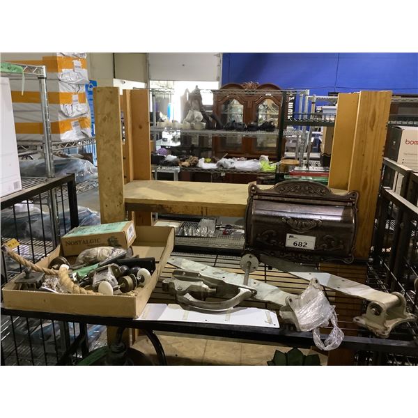 ASSORTED ITEMS INCLUDING; MAILBOX, LARGE DOOR HINGES, DOOR PARTS & MORE