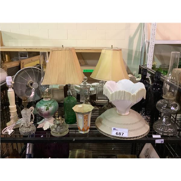 ASSORTED ITEMS INCLUDING; LAMPS, LAMP SHADES, DECANTER & MORE