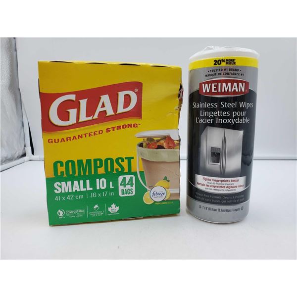 Glad Compost Compostable Bags and Weiman Stainless Steel Wipes