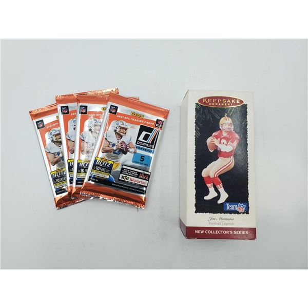 Panini Blitz 2021 NFL Trading Cards 4 packs of 5 cards & 1995 Collectors Joe Montana Ornament