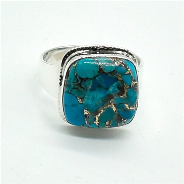 Silver Blue Copper Turquoise(9.2ct) Hand Made Mens Ring Ring (~weight 6.95g)