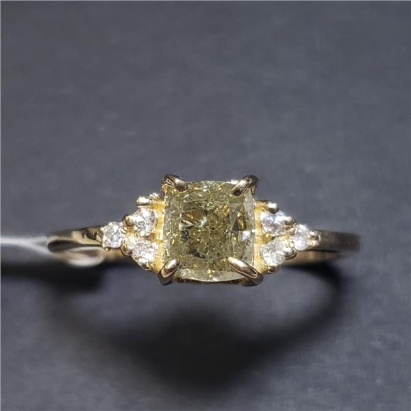 14K Yellow Gold Diamond (1Ct,I3,Fancy Light Greenish Yellow) Diamond(0.05ct) Ring (~Size 6.5)(Ring i