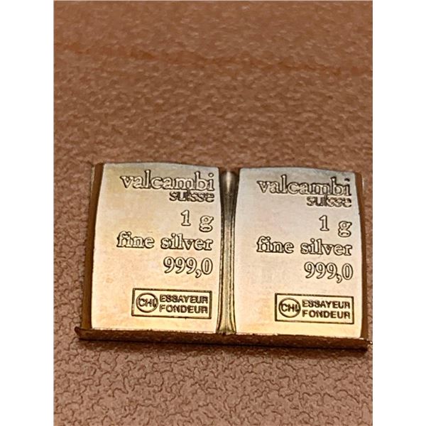 Lot of 2 - Valcambi 1 g .999 Fine Pure Silver Wafer Bars