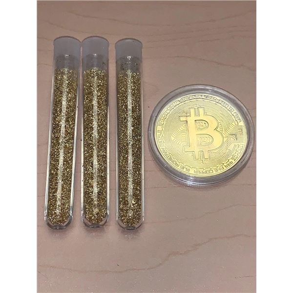 Lot of 4 - Golden Flake Material and NEW encapsulated Bitcoin Medallion